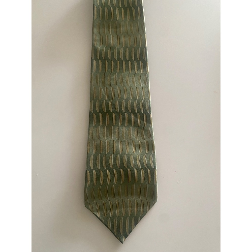 Bill Blass Mens Silk‎ Tie Green Gold Geometric Pattern Necktie